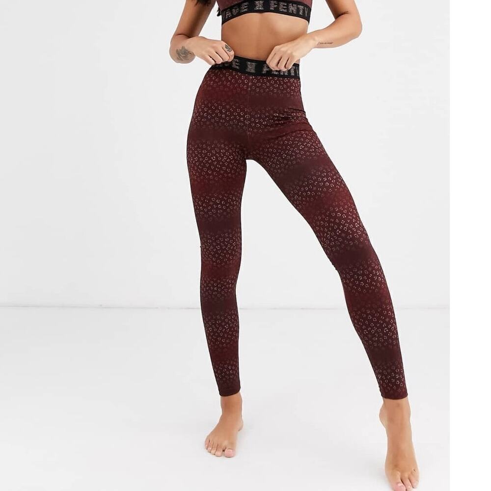 Savage x Fenty Logo Baby Leopard Leggings in Burgandy Womens Size M